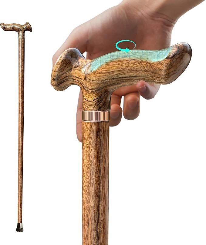 ispuoocti Ergonomic Wooden Cane with All Day Comfort Grip Handcrafted Ultra Light Canes Support up to 500 lbs (African ebony)