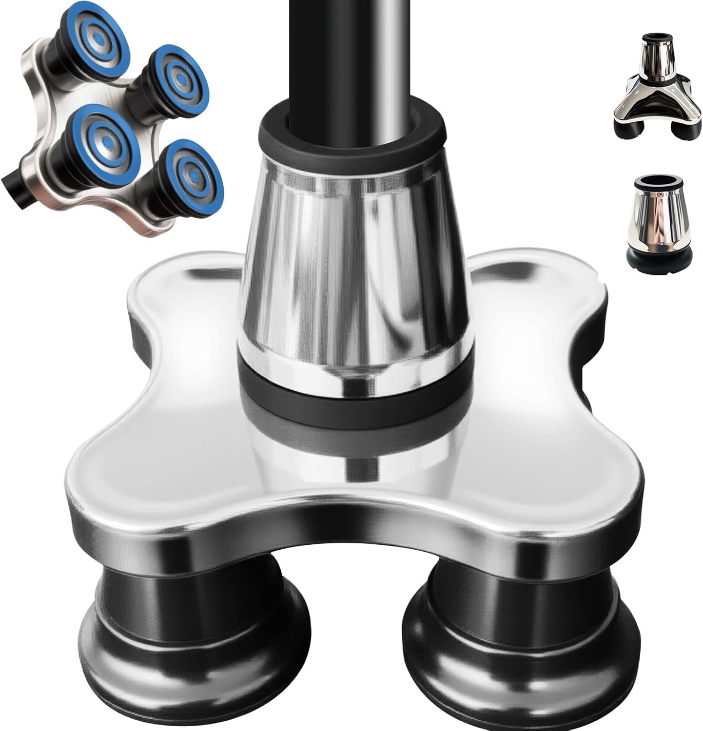 ispuoocti 3/4 inch All Terrain Self Standing Quad Base with 360° Pivoting Ankle-Mimicking Design,Non-Slip and Stable for Walking Cane & Mobility Aid (Quad Cane Base-A)