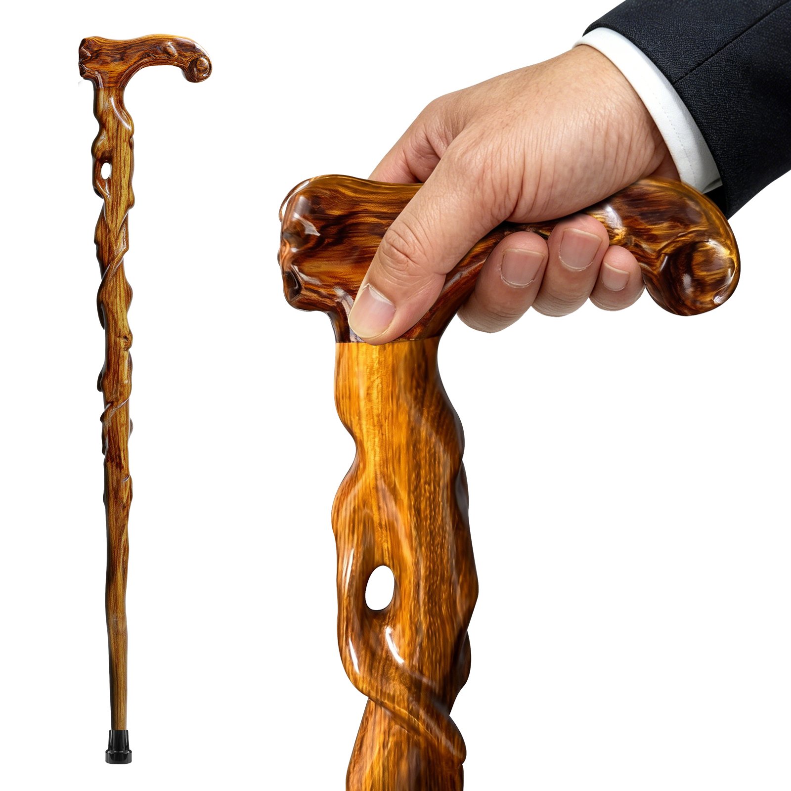 ispuoocti Root-Carved Wood Walking Cane - 500 lb Capacity for Seniors Men Women Hand-carved; Includes a Massage Function（Zebrawood）