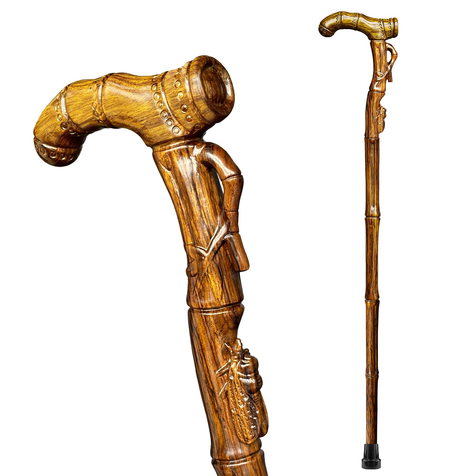 ispuoocti 3D Hand-Carved Wooden Walking Cane for Men Women 500 lb Capacity ,Natural Solid Wood One-piece Carving Wood Wax Oil Coating Ergonomic Canes for Seniors, Walking Aid &Sculpture Art Collectible (Bamboo)