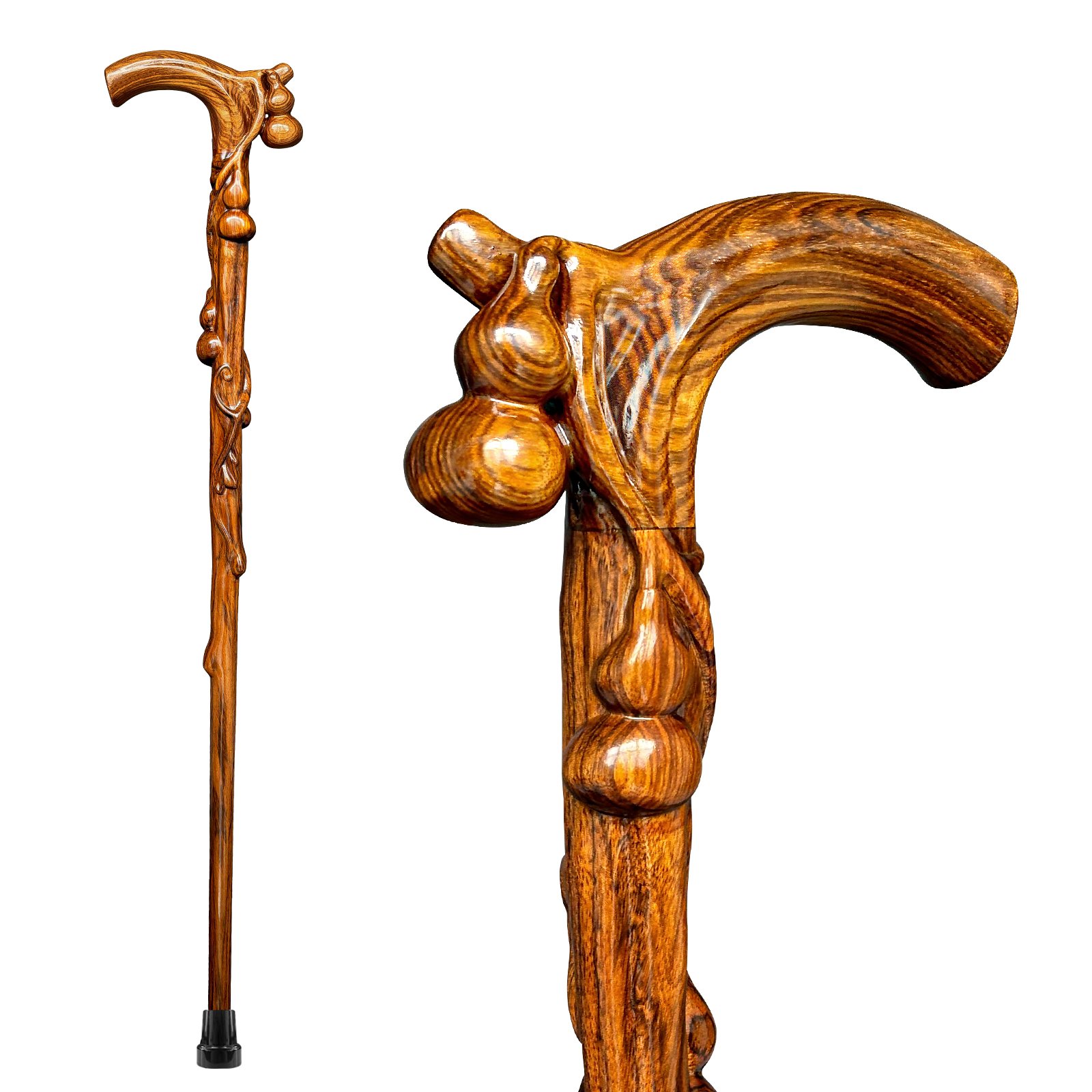 ispuoocti 3D Hand-Carved Wooden Walking Cane for Men Women 500 lb Capacity ,Natural Solid Wood One-piece Carving Wood Wax Oil Coating Ergonomic Canes for Seniors, Walking Aid &Sculpture Art Collectible (Gourd)