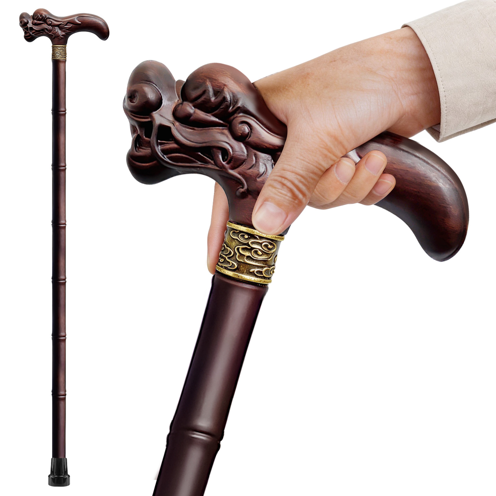 ispuoocti Wooden Walking Cane 3D Carved Dragon Cane 33–39 Inches Available ; 7 Sizes Fit Different Height Ergonomic Solid Wood Canes for Men Women Seniors,Include 3 Tips, A Wrist Strap, A Storage Bag (Chestnut Brown)